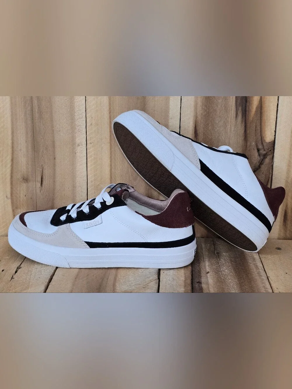 Taos Pop Soul Womens 7.5 M Leather Fashion Sneakers Black Brown White NWOB